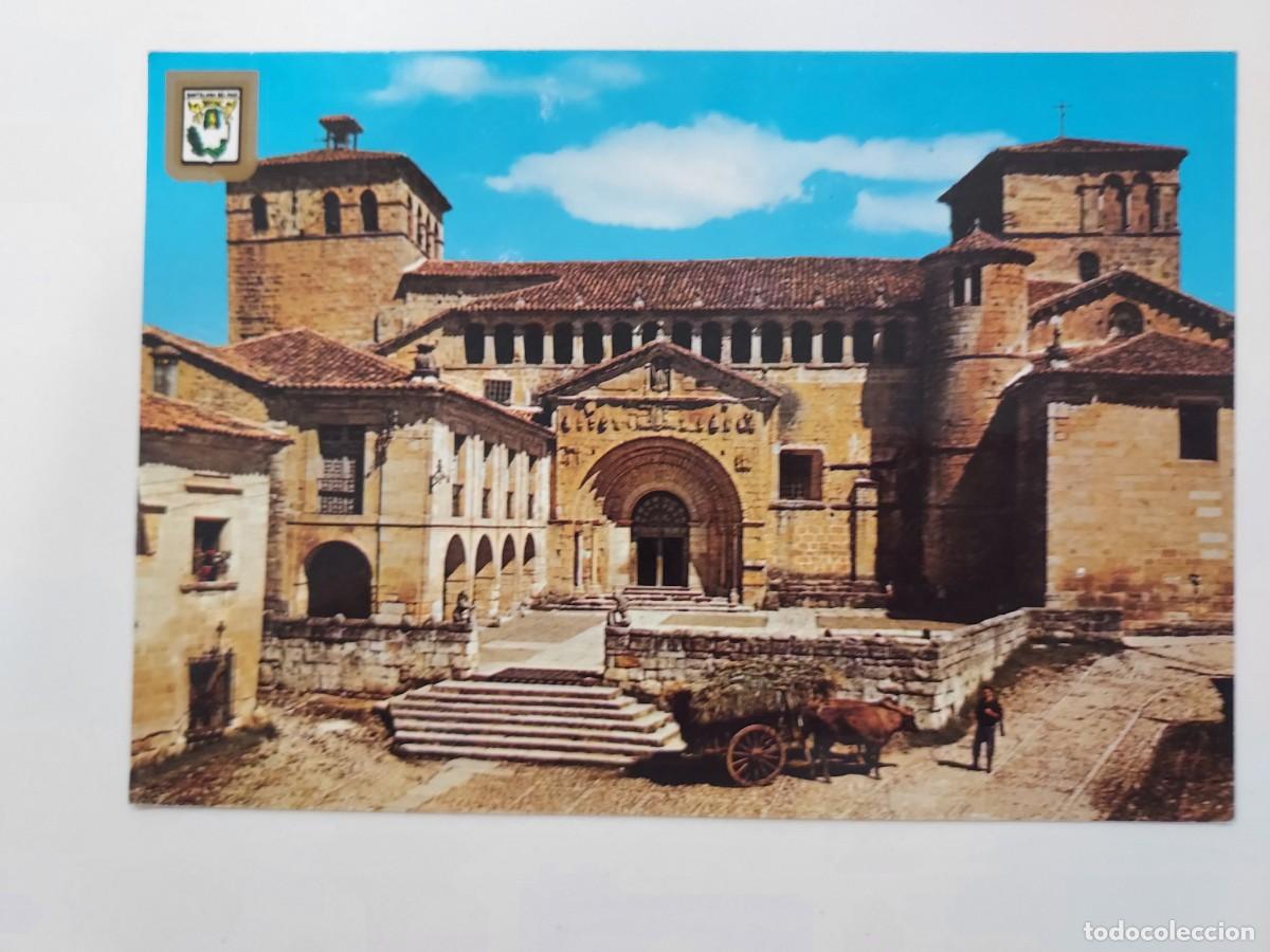 Postales: POSTAL SANTILLANA DEL MAR REAL COLEGIATA FACHADA. 1964. SIN CIRCULAR. CANTABRIA. CARRO BUEY
