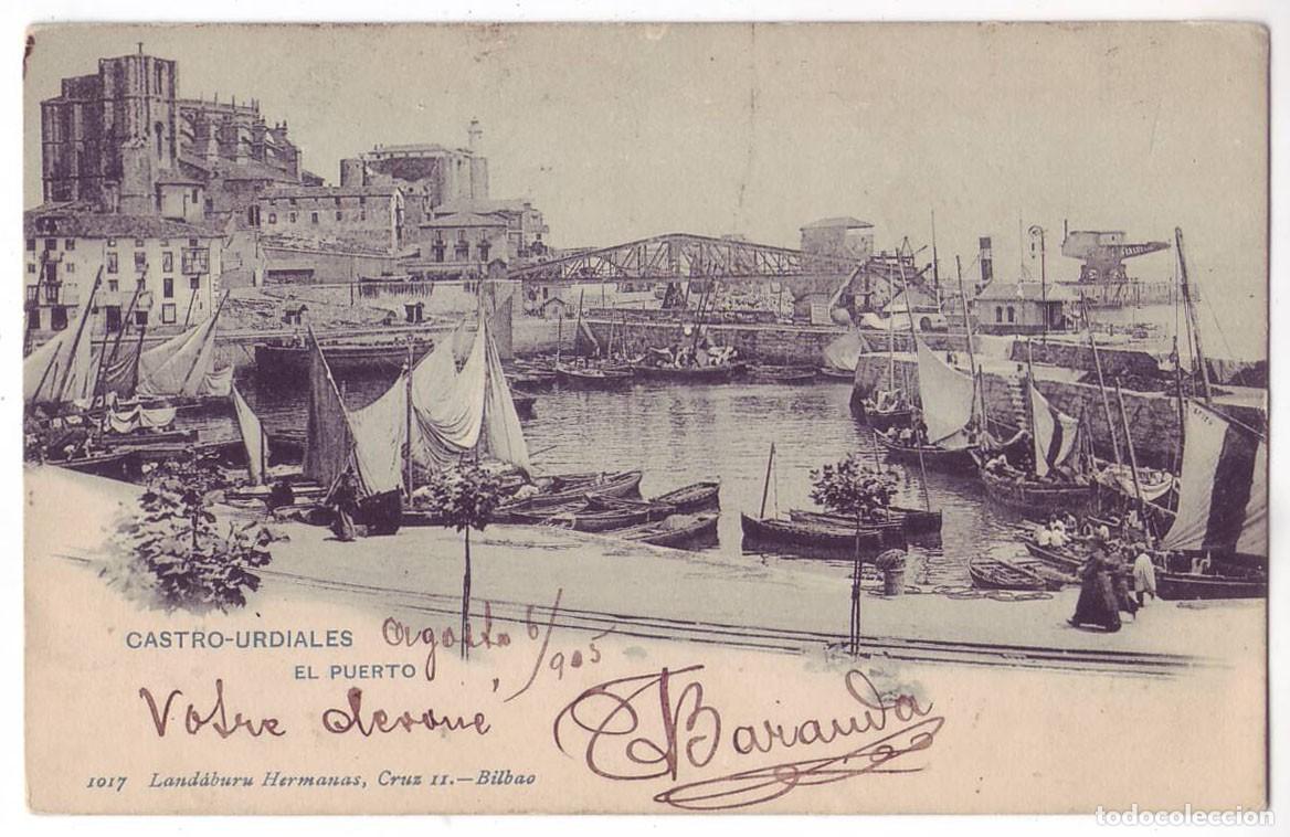 Postales: Castro Urdiales: El puerto. Land&aacute;buru Hermanas. Circulada. Reverso sin dividir (Anterior a 1905)