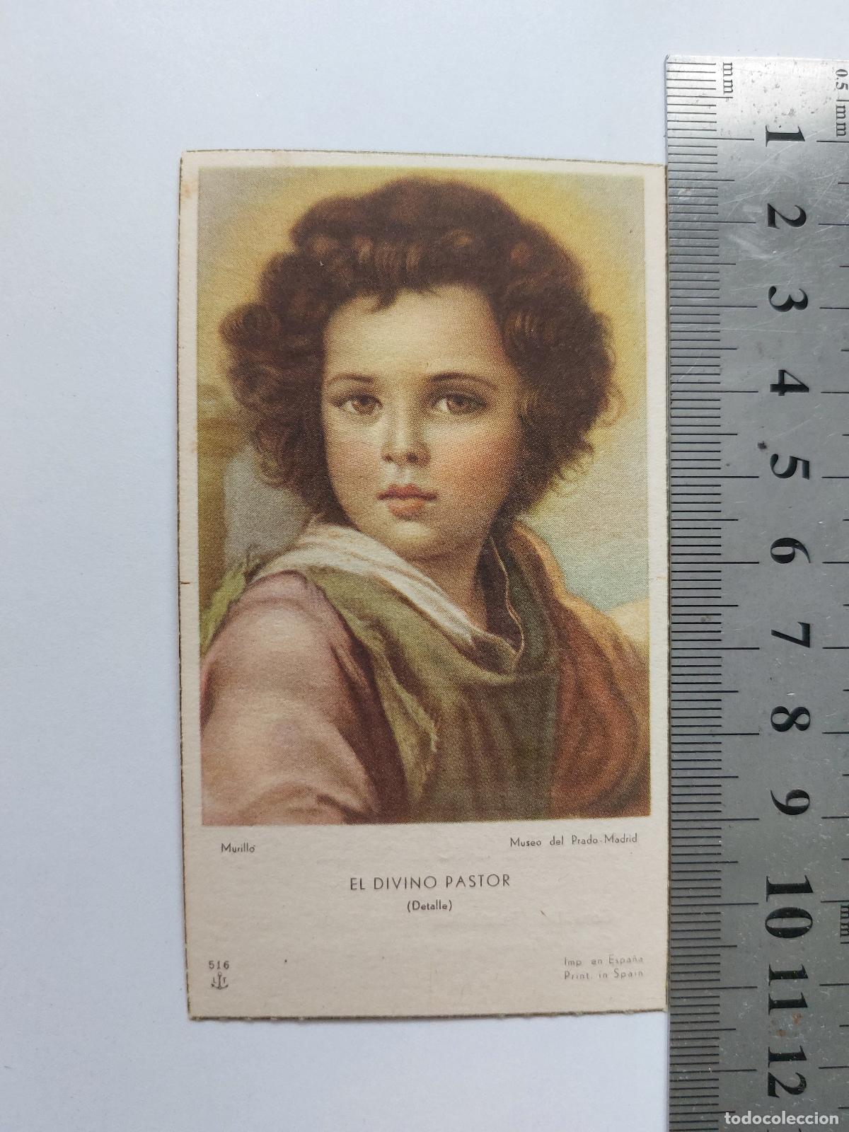 Postales: Estampa de El Divino Pastor de Murillo con texto de Primera Misa