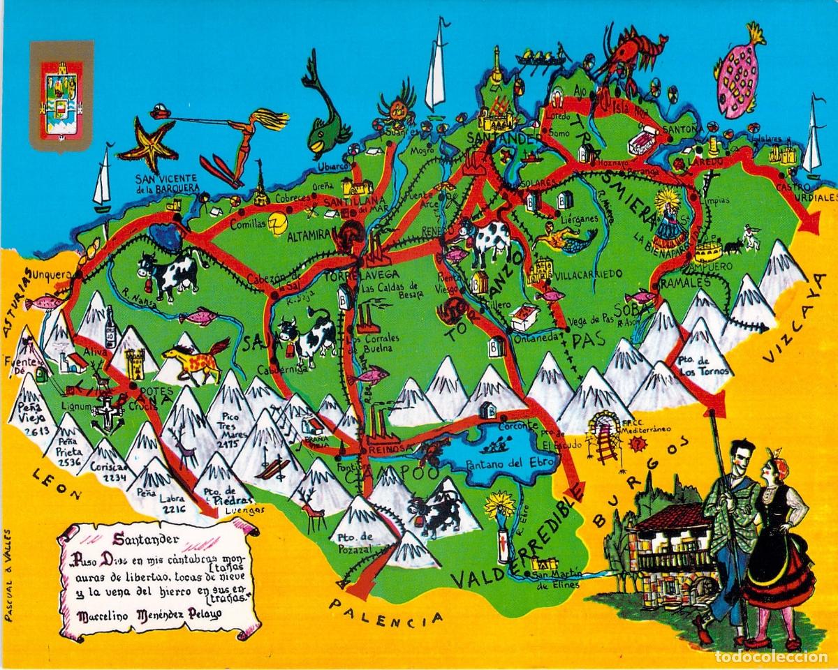 Postales: Postal ilustrada del mapa de Cantabria Espa&ntilde;a