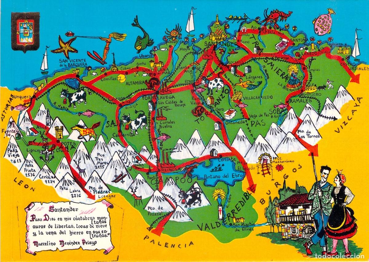 Postales: Postal Mapa Ilustrado de Cantabria Espa&ntilde;a