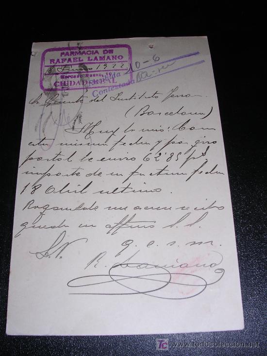 Postcards: FARMACIA DE RAFAEL LAMANO, CIUDAD REAL, DIRIGIDA A INSTITUTO FERRAN INVENTOR VACUNA ANTIRRABICA 1922