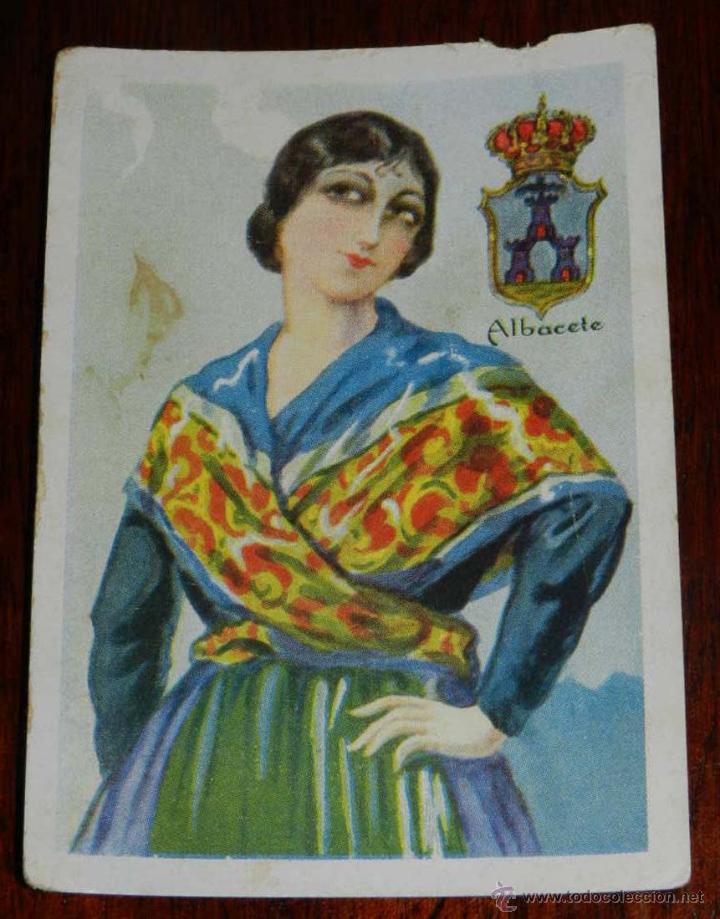 Postais: ANTIGUO CROMO DE ALBACETE, TRAJE REGIONAL - PUBLICIDAD DE CHOCOLATES AMATLLER - MIDE UN POQUITO MENO