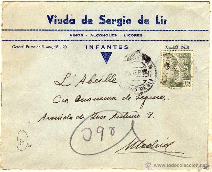 Postales: Sobre con publicidad de Viuda de Sergio de Lis. Vinos, licores. Ciudad Real.