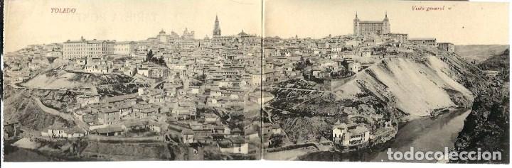 Cartoline: ANTIGUA POSTAL DOBLE PANORAMICA DE TOLEDO -VISTA GENERAL Y ALCAZAR - ED. CASTA&Ntilde;EIRA - NUEVA