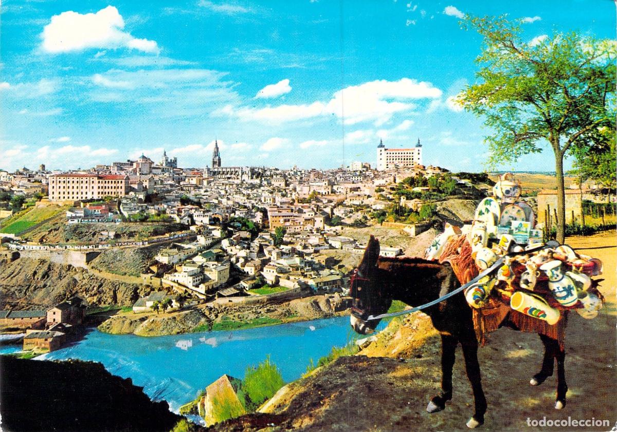 Postales: Postal de Toledo: Vista General con Burro y Alfarer&iacute;a T&iacute;pica