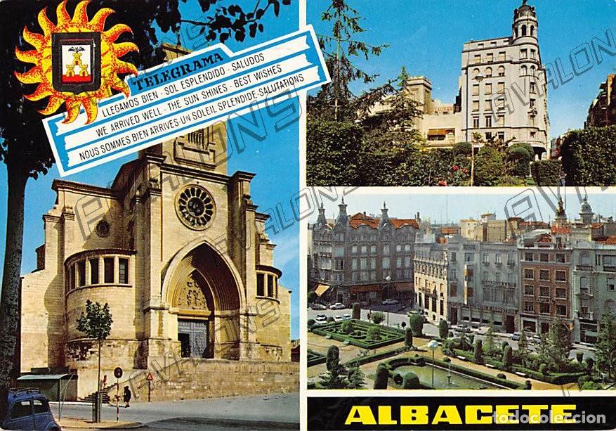 Postales: Catedral, Jardines de la Pl. del Caudillo y Pl. del Caudillo (Albacete) - Sin circular, a&ntilde;os 60
