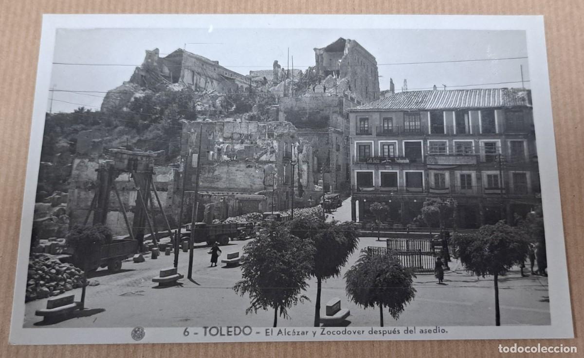 Postales: Postal antigua &ldquo;Toledo &ndash; El Alc&aacute;zar y Zocodover despu&eacute;s del asedio&rdquo;, a&ntilde;os 40
