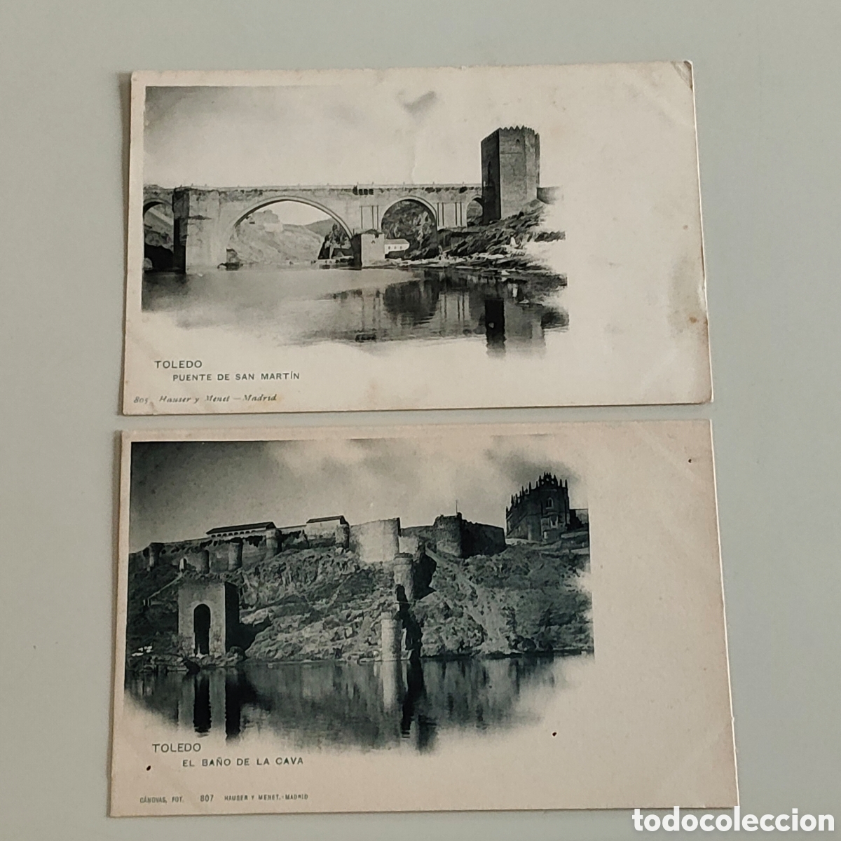 Postales: Lote 2 Tarjetas postales Toledo Hauser y Menet 805 Puente San Mart&iacute;n 807 Ba&ntilde;o de la Cava