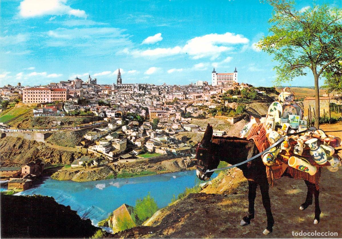 Postales: Postal de vista general de Toledo con burro cargado de cer&aacute;mica