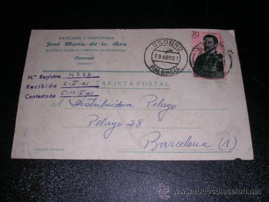 Postales: POSTAL COMERCIAL, PAPELERIA Y PERFUMERIA JOSE MARIA DE LA HOZ, OSORNO ( PALENCIA ) 1961