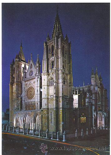 Postales: LEON - Catedral (nocturno) - A&ntilde;o 1975