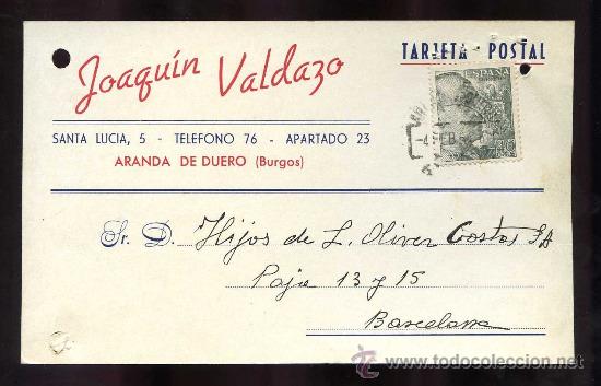 Postales: Aranda de Duero. TP comercial *Joaquin Valdazo* Circulada 1954.