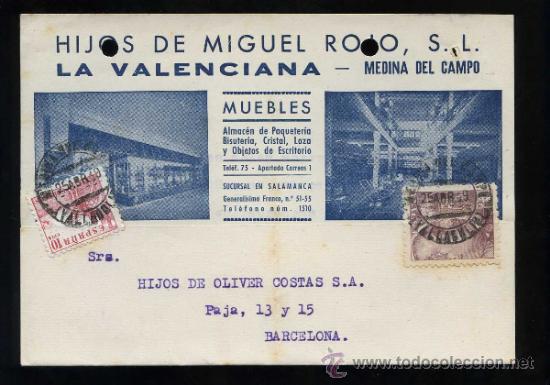 Postales: Medina del Campo. *La Valenciana. Hijos de Miguel Rojo, S.L. Muebles...* Circulada1949.