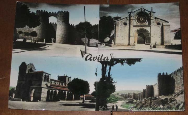 Postales: ANTIGUA FOTO POSTAL COLOREADA DE AVILA - MURALLAS, PUERTA DE SAN VICENTE, IGLESIA DE SAN PEDRO Y BAS