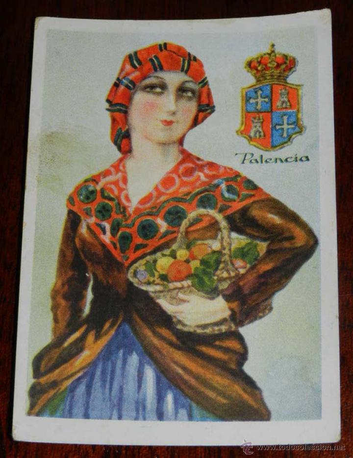 Postales: ANTIGUO CROMO DE PALENCIA, TRAJE REGIONAL - PUBLICIDAD DE CHOCOLATES AMATLLER - MIDE UN POQUITO MENO