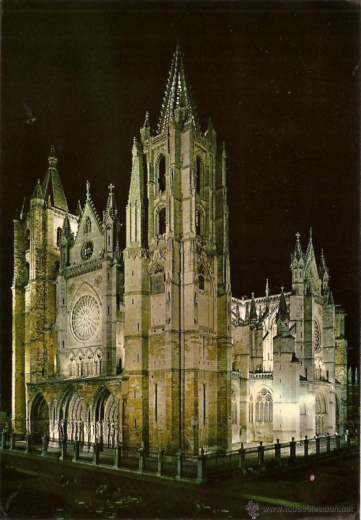 Postales: POSTAL, LE&Oacute;N, CATEDRAL ILUMINADA - Foto 1