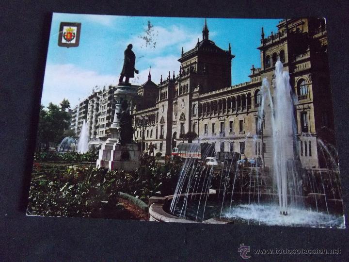 Postales: VALLADOLID-V5-ESCRITA-N&ordm;59-ESTATUA DE ZORRILLA Y ACADEMIA DE CABALLERIA-ESCUDO DE ORO-SUBIRATS-FISA