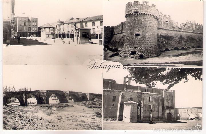 Postales: POSTAL DE SAHAGUN ,Plaza del Generalisimo,Castillo de los Condes de grajal,puente canto,ermita de la