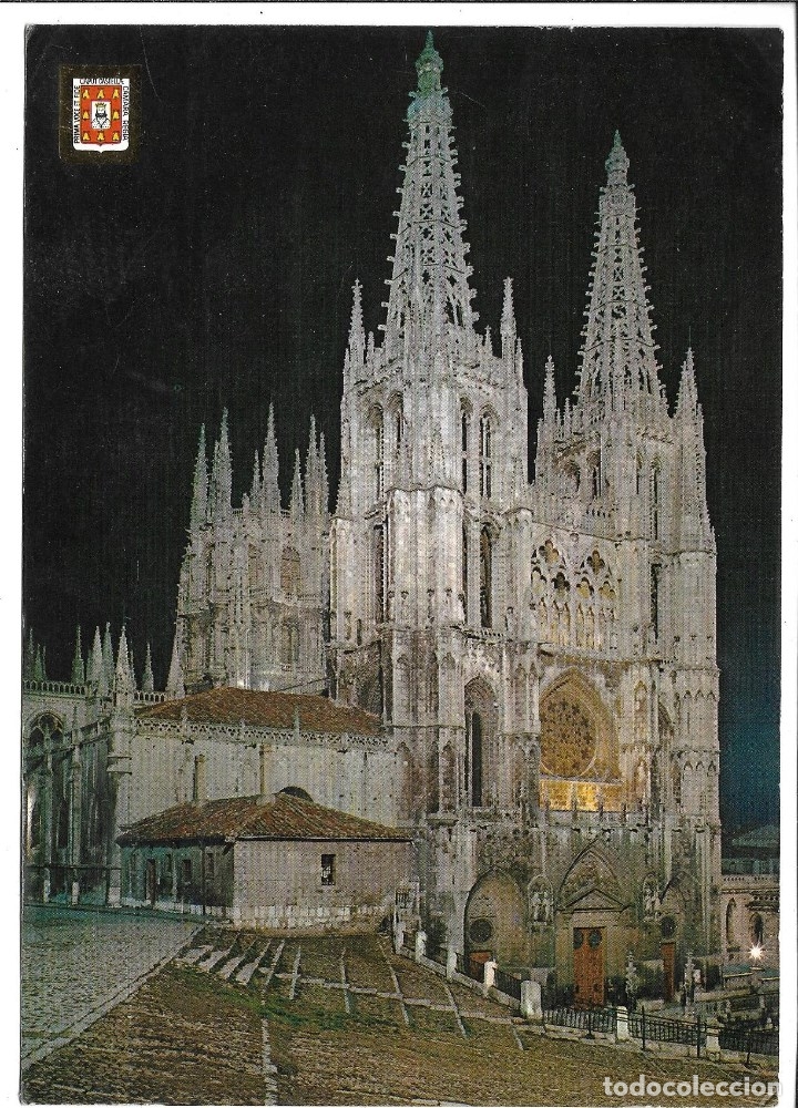 Postales: J181- TARJETON DE -LA CATEDRAL DE BURGOS -VISTA NOCTURNE - CIRCULADA EL 9 - 9 - 1.987