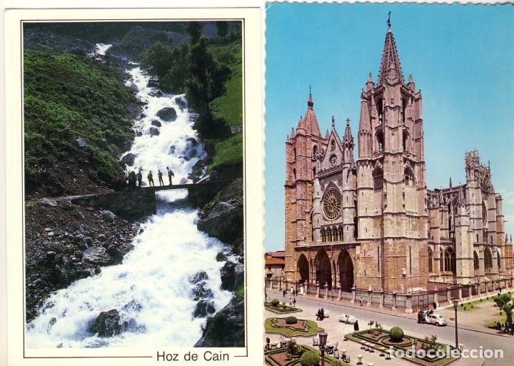 Postales: LE&Oacute;N.- FACHADA PRINCIPAL DE LA CATEDRAL.- PICOS DE EUROPA: HOZ DE AIN