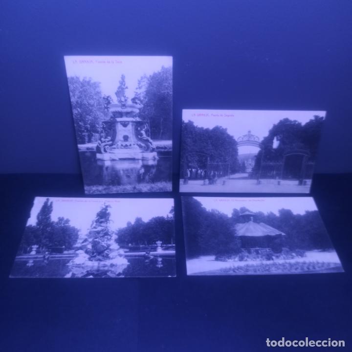 Postales: LOTE 4 POSTALES LA GRANJA - FUENTE DE LA TAZA, DE LA FAMA Y PALACIO REAL, MERENDERO DEL HUERTECILLO