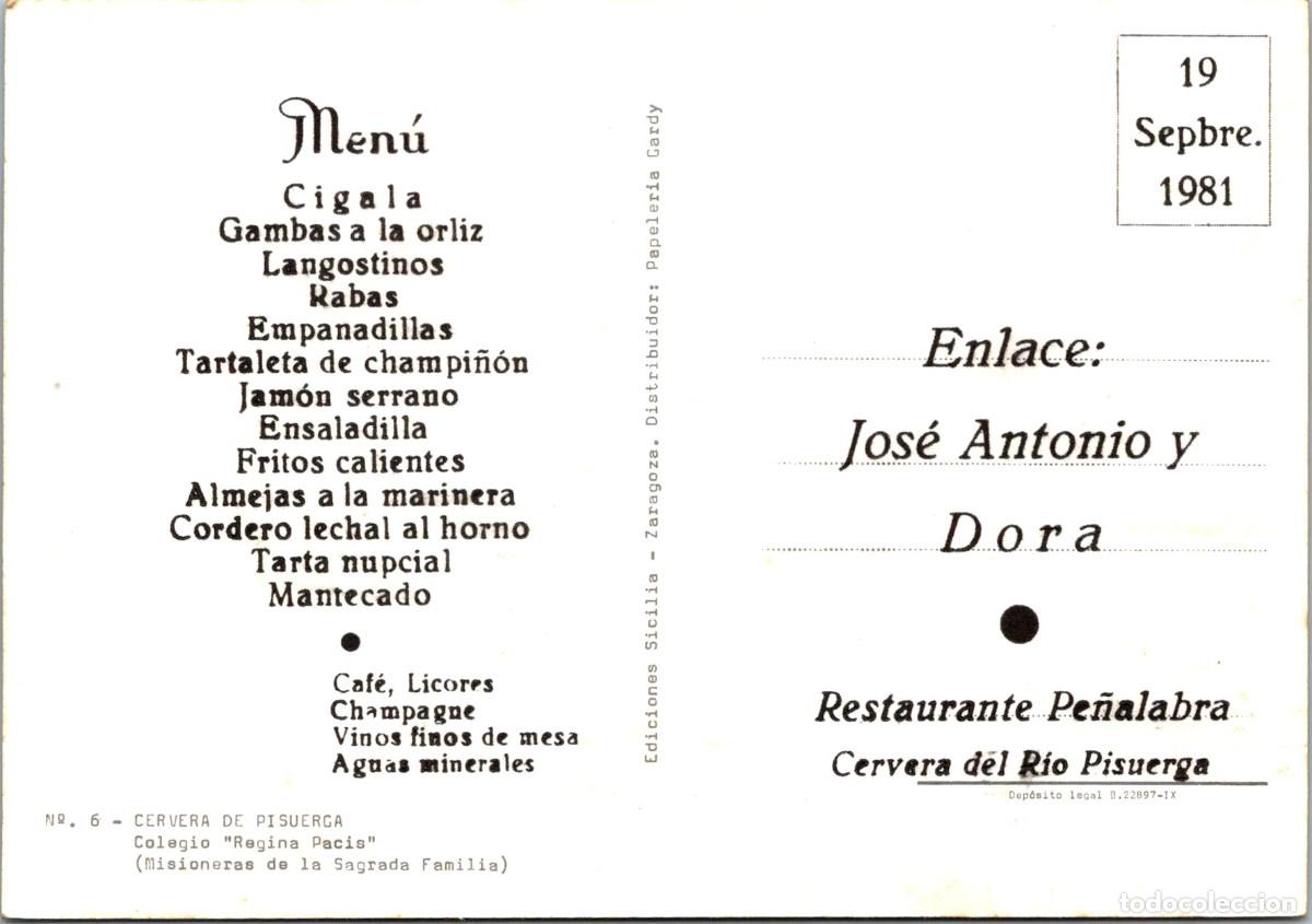 Cartes Postales: Cervera del R&iacute;o Pisuerga - Restaurante Pe&ntilde;alabra - Men&uacute; Enlace 19.09.1981 - En Postal - 150x104mm