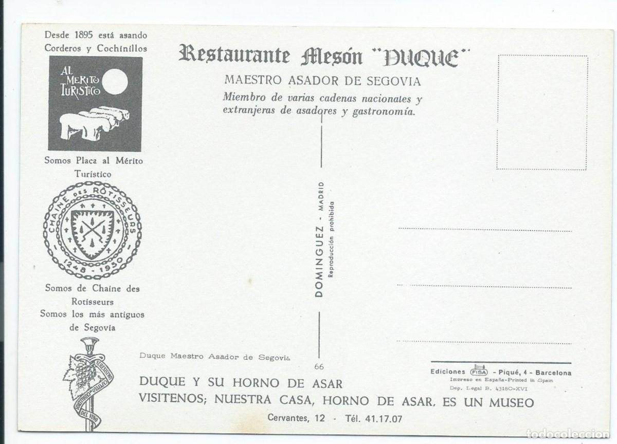 Postales: RESTAURANTE MESON &rdquo; DUQUE &rdquo;.- SEGOVIA - Foto 2