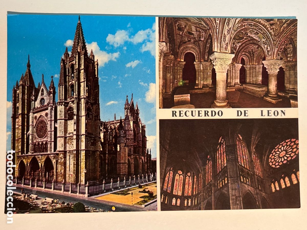 Postales: POSTAL. Recuerdo de Le&oacute;n. Catedral. Pante&oacute;n de Reyes. Vidrieras. 1973