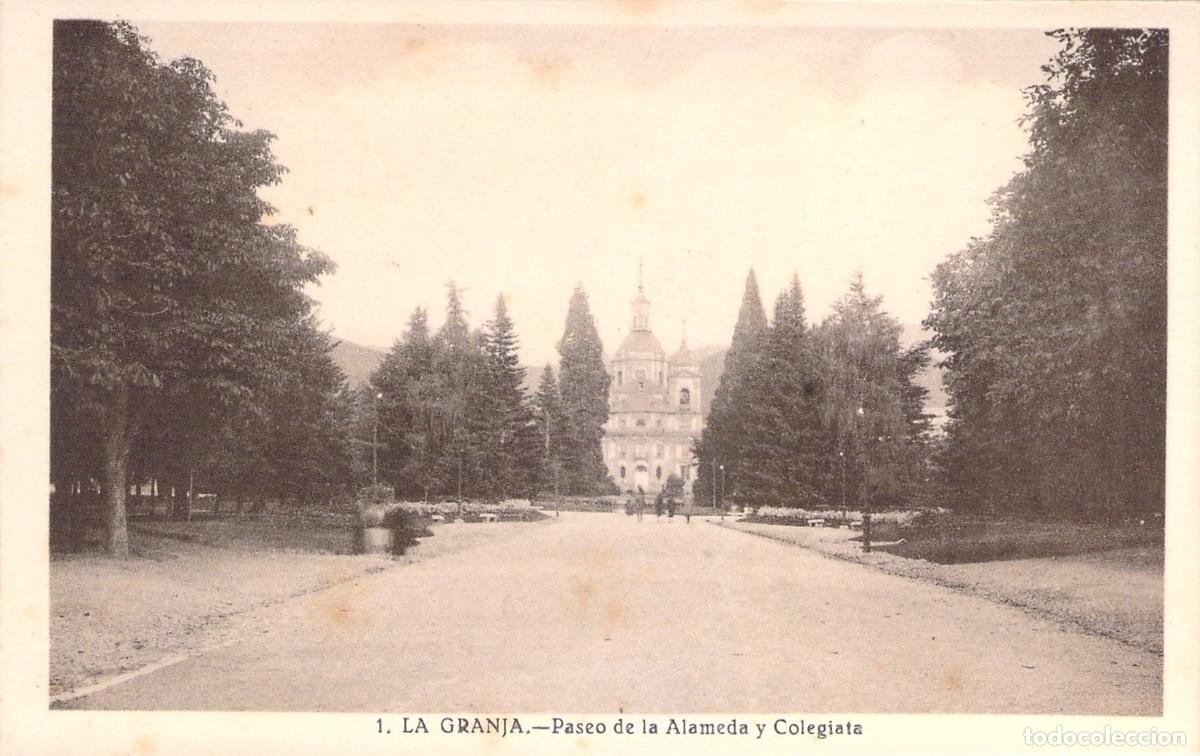 Postales: Postal de La Granja Segovia Paseo de la Alameda y Colegiata Roisin