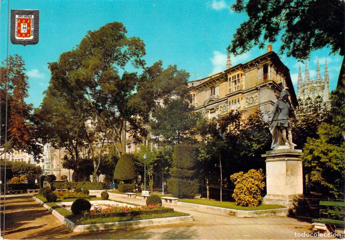 Postales: Postal del Paseo del Espol&oacute;n en Burgos con Jardines y Estatua