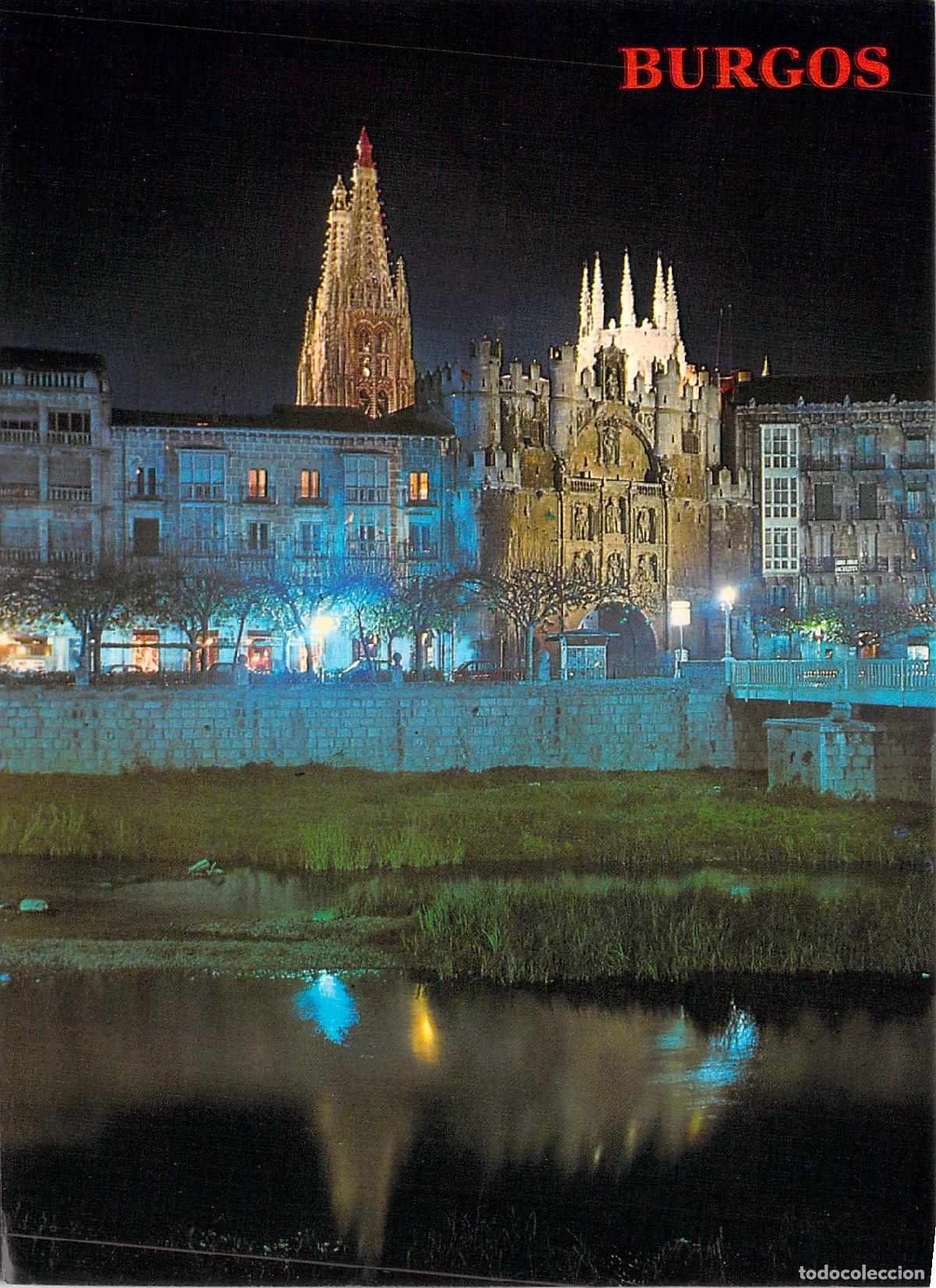 Postales: Postal de Burgos: Arco y Puente de Santa Mar&iacute;a, Vista Nocturna