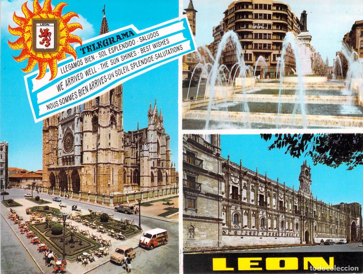 Postales: Postal Multivista de Le&oacute;n con Catedral y Hostal de San Marcos
