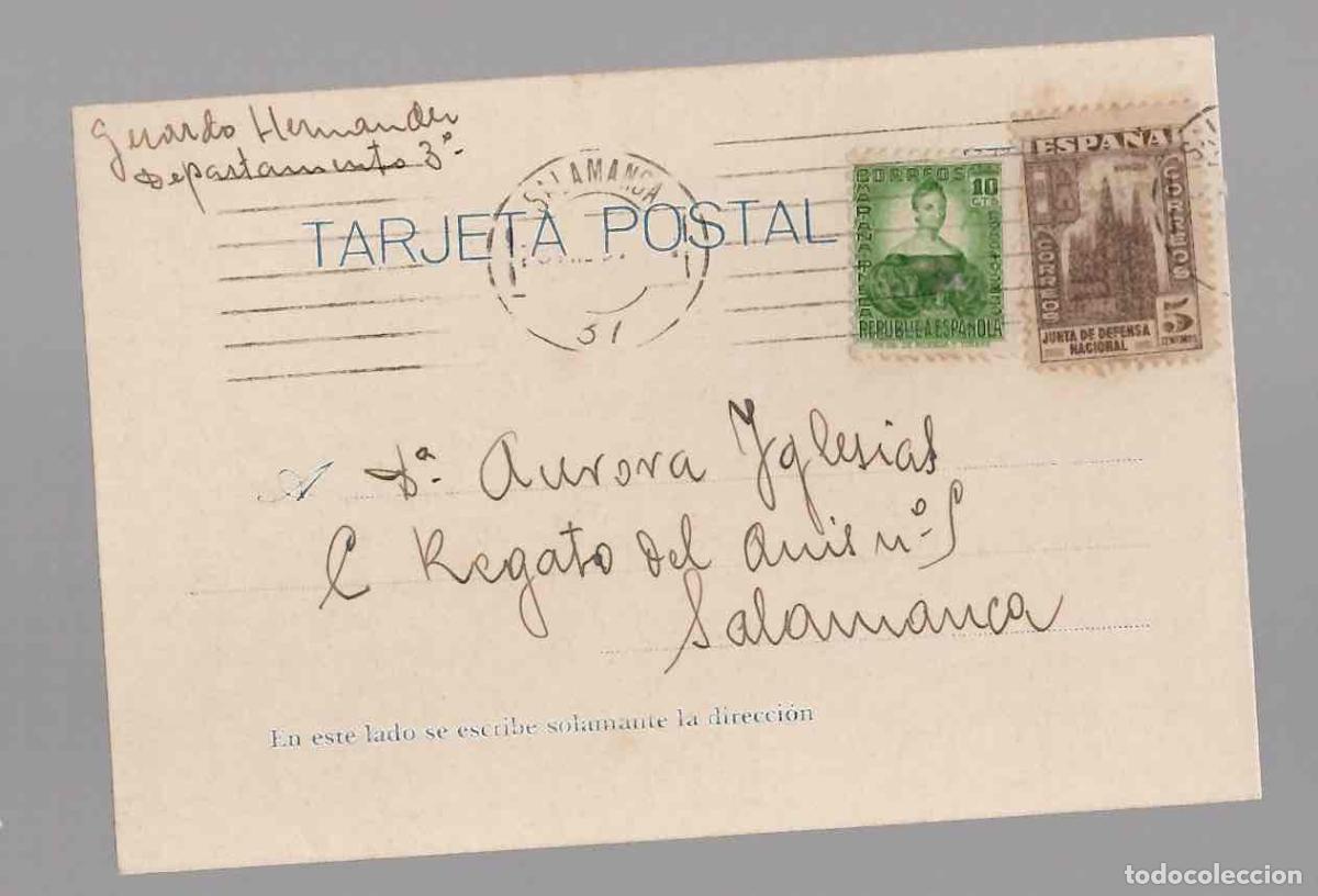 Postales: TARJETA POSTAL REPUBLICA ESPA&Ntilde;OLA CIRCULADA EN SALAMANCA, A&Ntilde;O 1937