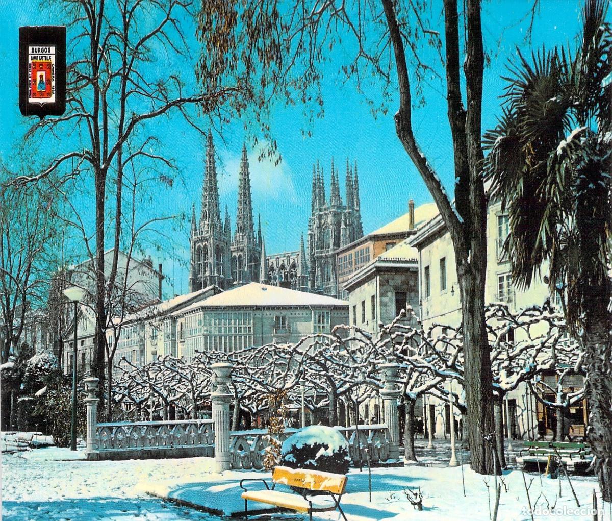 Postales: Postal Burgos Paseo del Espol&oacute;n Nevado con Catedral
