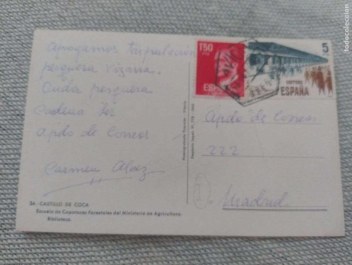 Postkarten: Postal 34 Castillo de Coca, escuela de capataces forestales. Enviada por avi&oacute;n franqueo curioso.