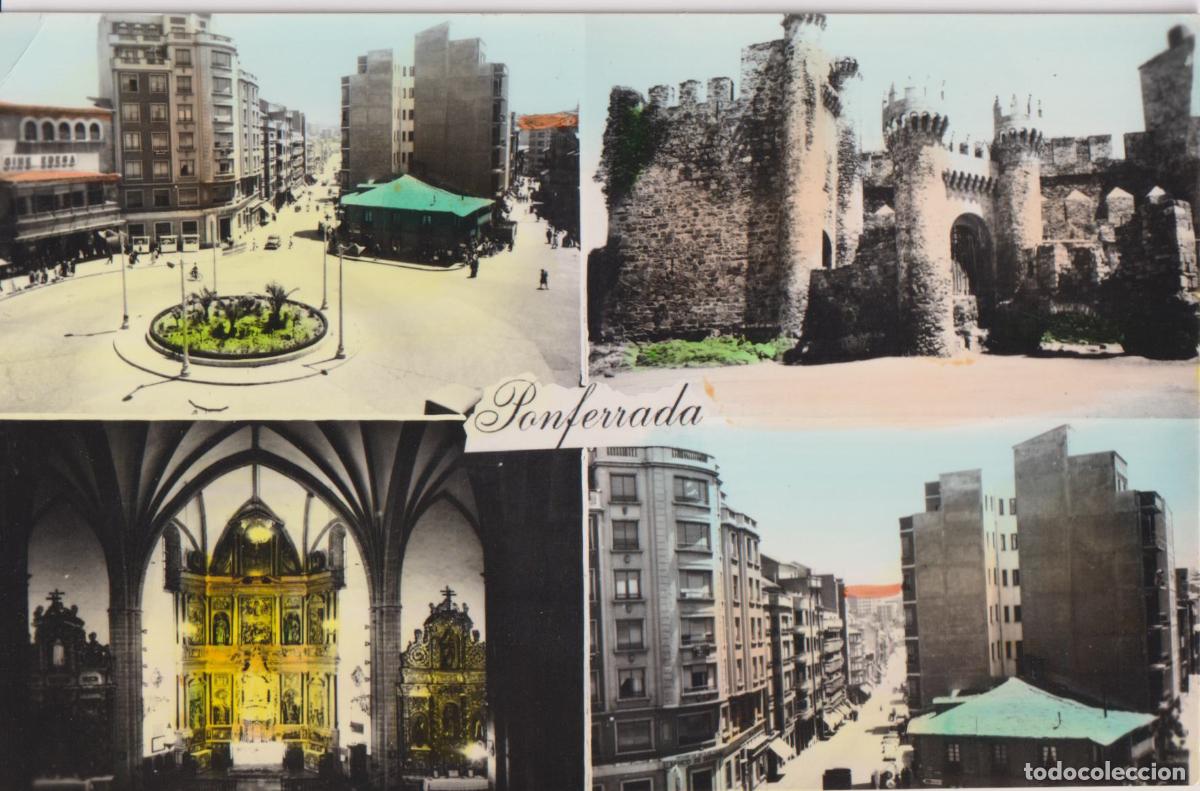 Postales: PONFERRADA (LE&Oacute;N) PLAZA LAZURTEGUI, CASTILLO TEMPLARIOS, ALTAR NTRA.SRA.DE LA ENCINA &ndash; ED.PARIS N&ordm;18