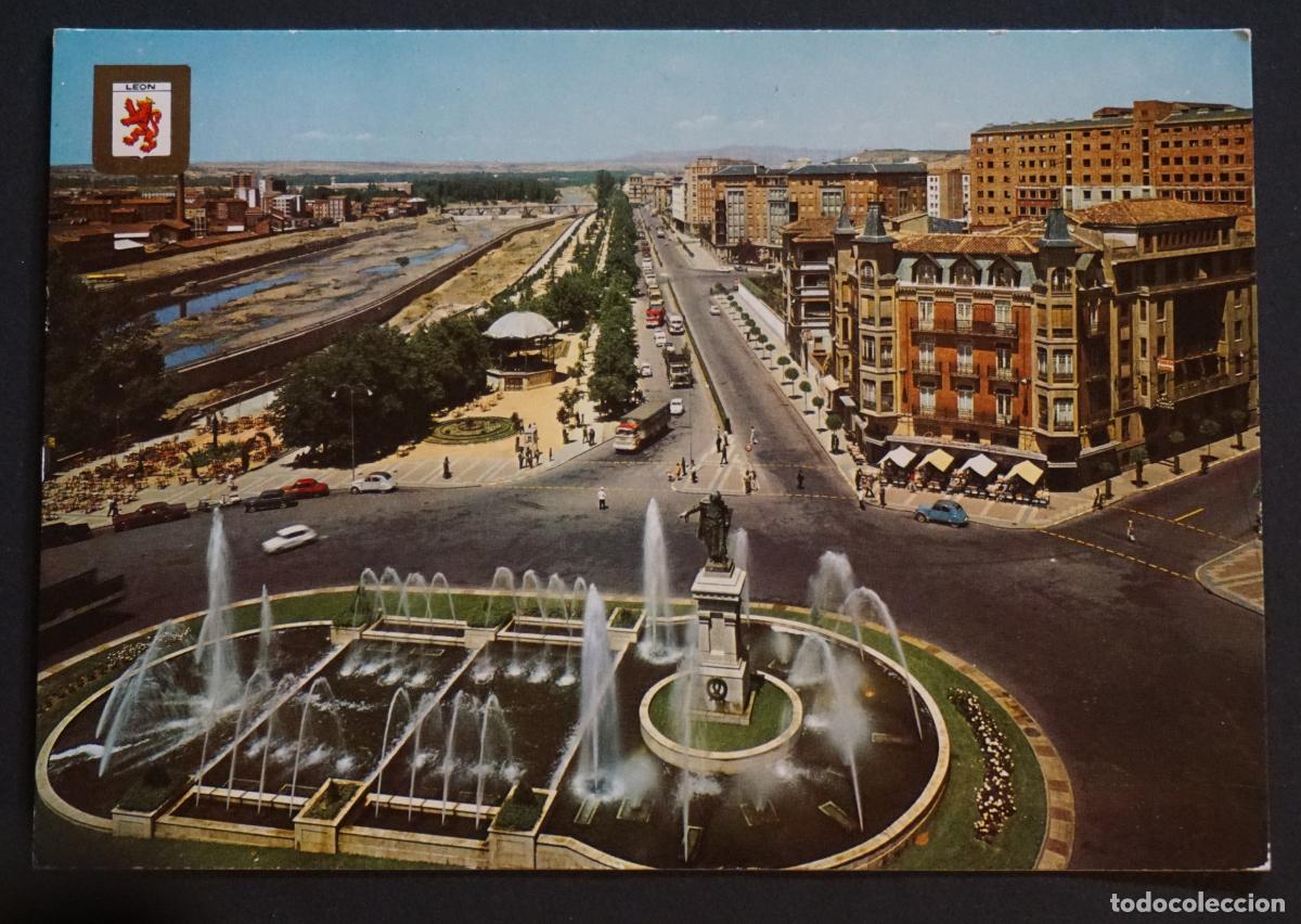 Cartes Postales: Le&oacute;n, paseo de la Condesa y Fuente. Postal circulada con sello en el a&ntilde;o 1970.