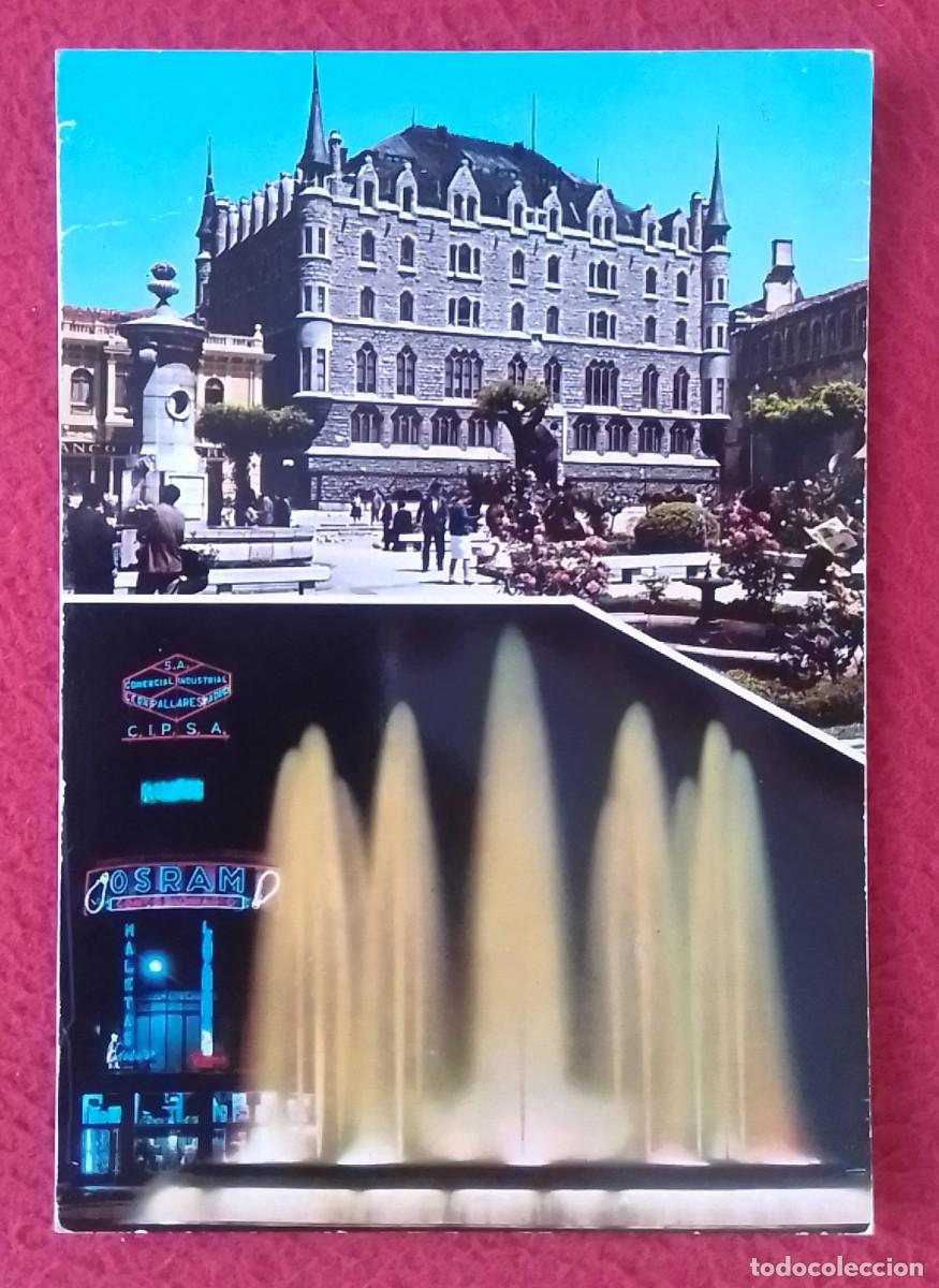 Postales: POSTAL POST CARD LE&Oacute;N EDIFICIO DE LA CAJA DE AHORROS Y FUENTE MONUMENTAL..R&Oacute;TULO LETRERO OSRAM ETC..