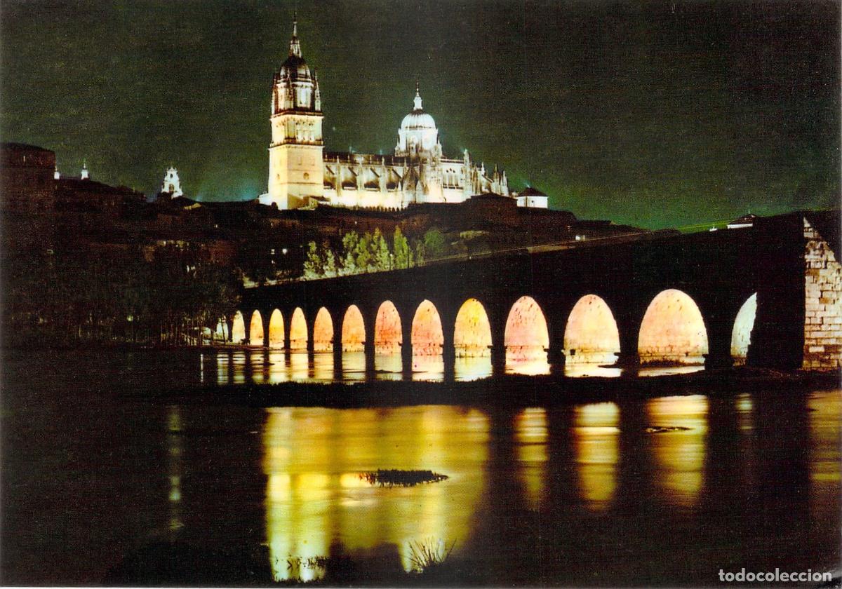 Postales: Postal de Salamanca con la Catedral y el Puente Romano iluminados de noche
