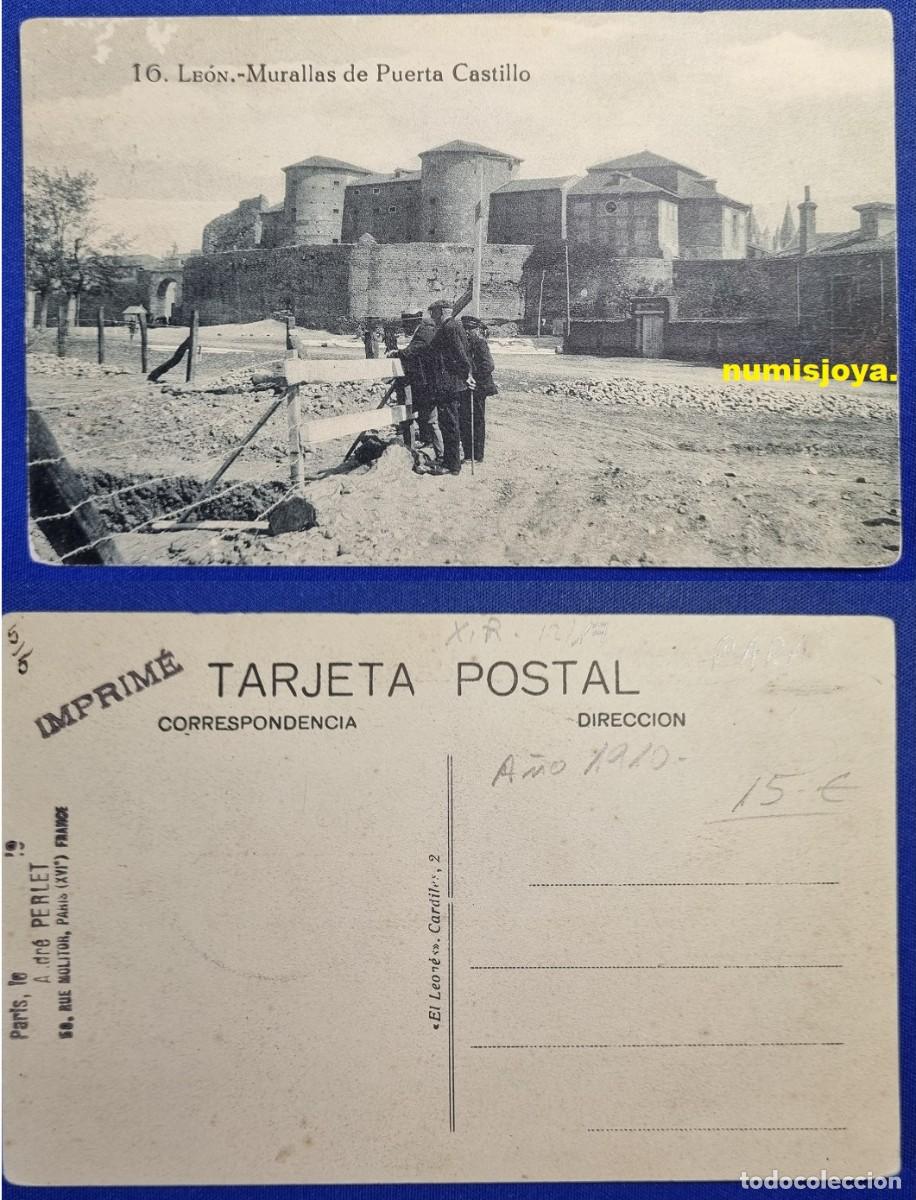 Postales: POSTAL DE LEON (Espa&ntilde;a). A&ntilde;o 1910 Murallas de Puerta Castillo. El Leon&eacute;s. RARA.