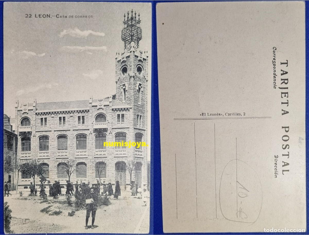 Postales: POSTAL de LEON (Espa&ntilde;a). A&ntilde;o 1910 Casa de Correos. El Leon&eacute;s, Cardiles 2. RARA.