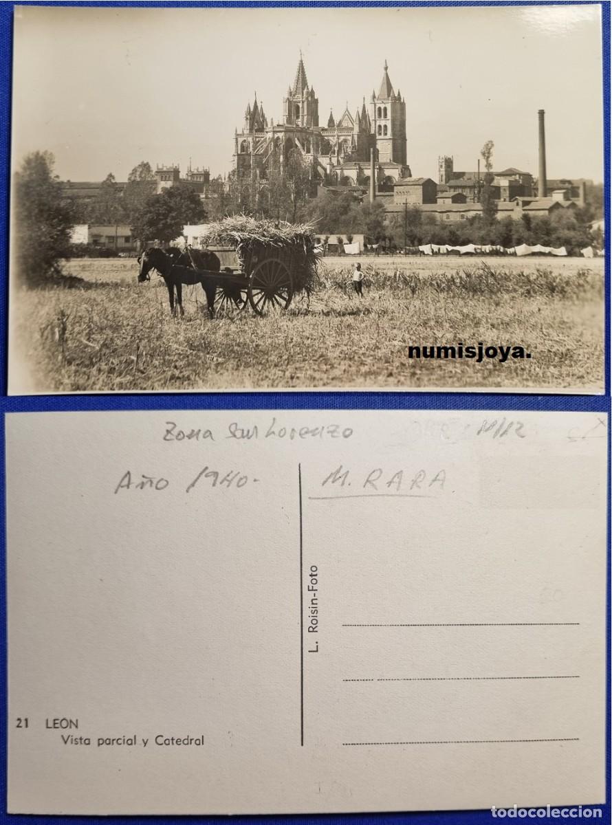 Postales: POSTAL de LEON (Espa&ntilde;a) a&ntilde;o 1940 Vista Parcial y Catedral. Ed. L. Rois&iacute;n. MUY RARA.