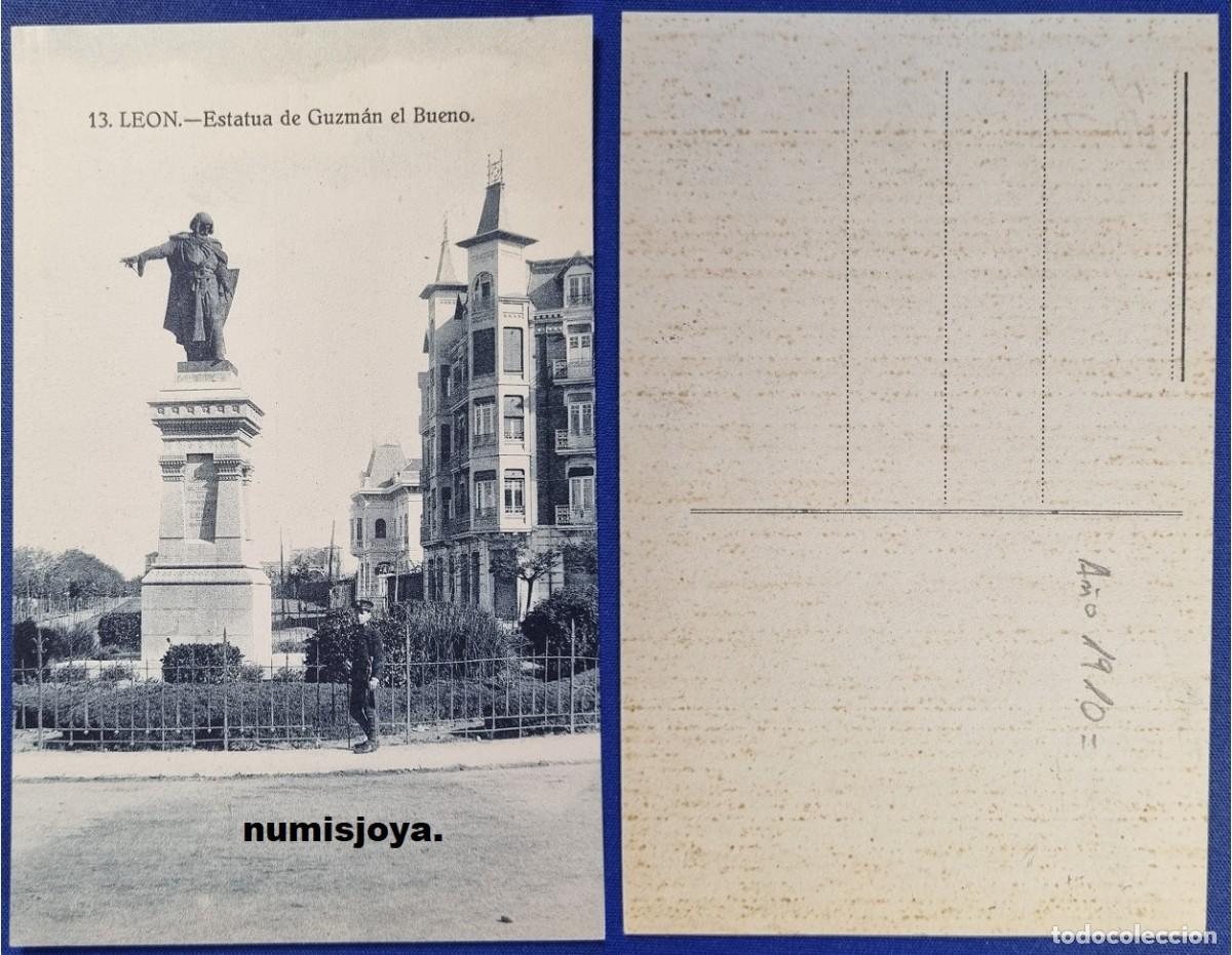 Postales: POSTAL de LEON (Espa&ntilde;a) a&ntilde;o 1910. Estatua de Guzm&aacute;n El Bueno. ESCASA.