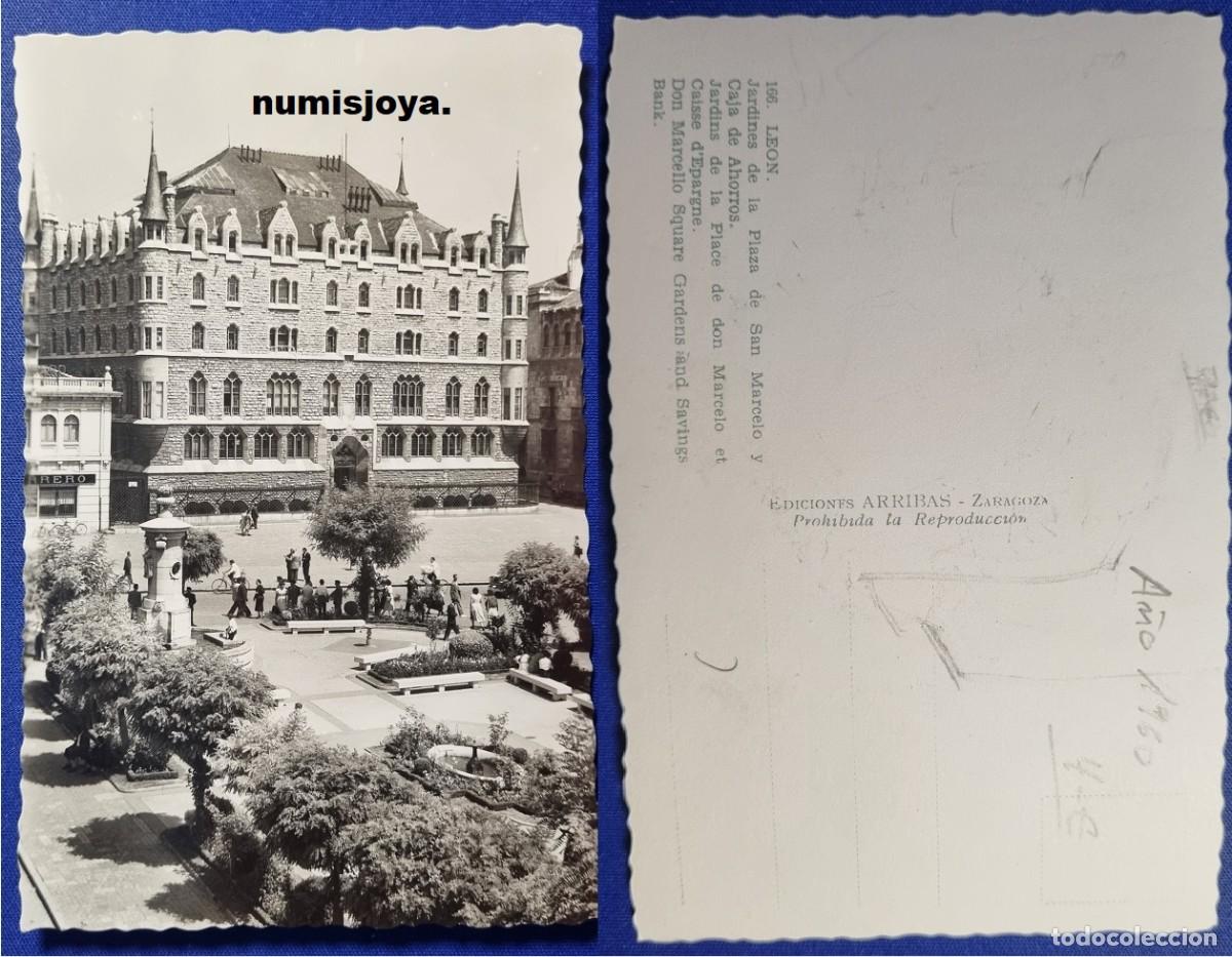 Postales: POSTAL de LEON (Espa&ntilde;a) a&ntilde;o 1960. Paza de San Marcelo Caja de Ahorros y Botines GAUDI. Ed. ARRIBAS.