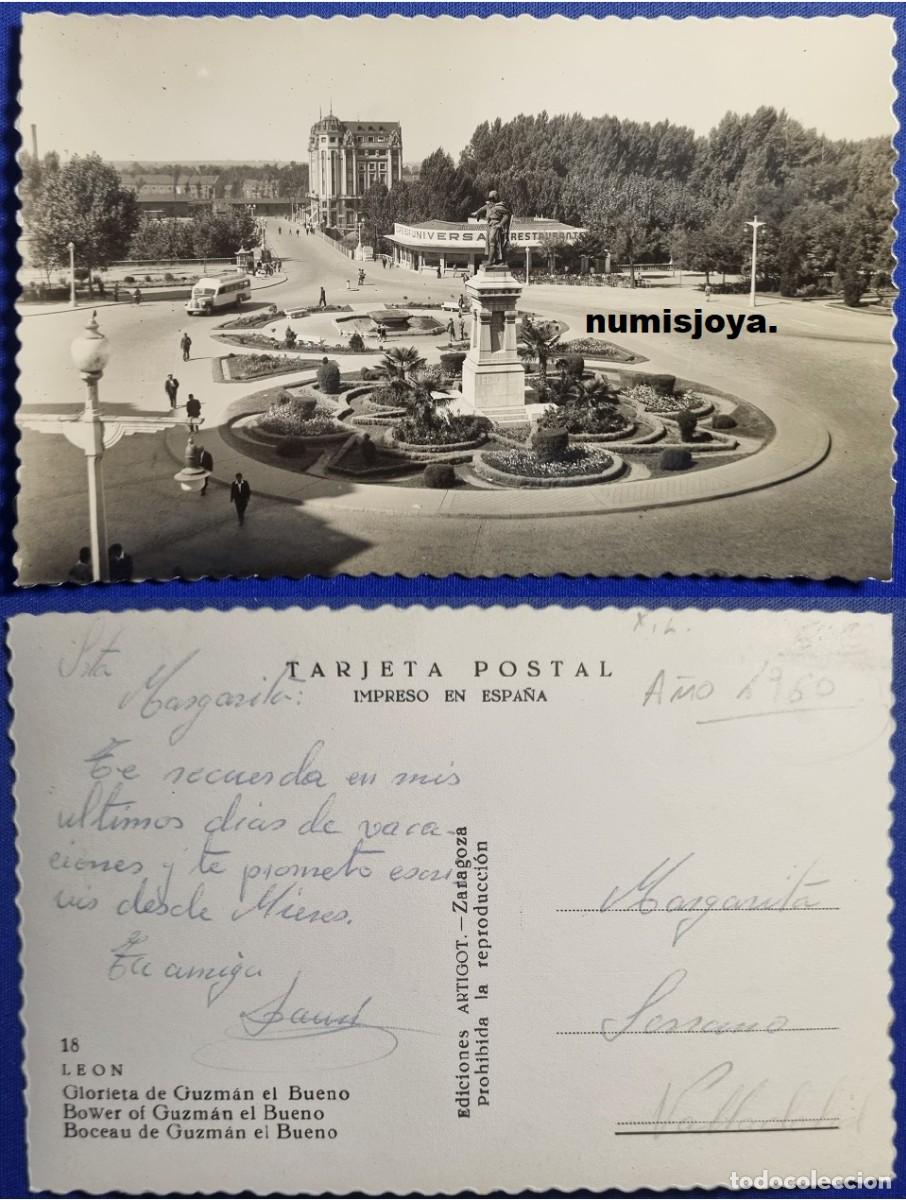 Postales: POSTAL de LEON (Espa&ntilde;a) a&ntilde;o 1950/60. Glorieta de Guzm&aacute;n y Fuente Luminosa. Ed. ARRIBAS.
