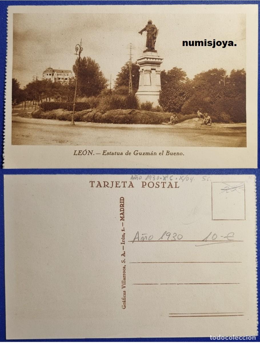 Postales: POSTAL de LEON (Espa&ntilde;a) a&ntilde;o 1930. Estatua de Guzm&aacute;n el Bueno. Graficas VILLARROCA.