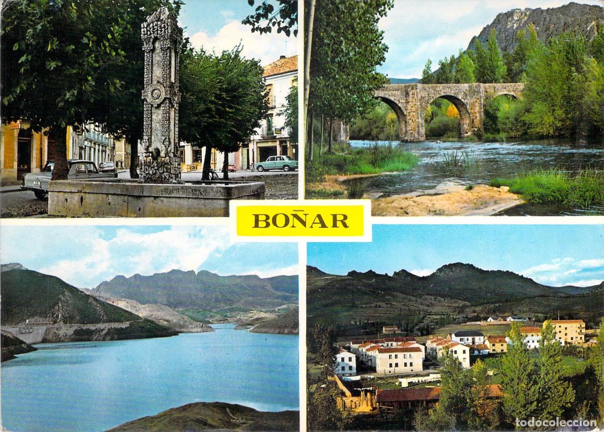 Postales: Postal de Bo&ntilde;ar, Le&oacute;n, con vistas del pueblo, puente romano y pantano