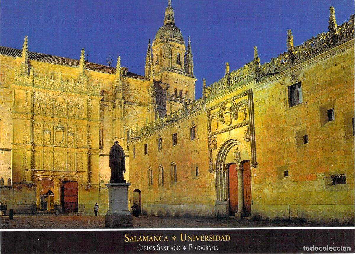 Postales: Postal de la Fachada de la Universidad de Salamanca y Estatua de Fray Luis de Le&oacute;n