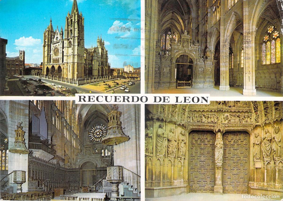 Postales: Postal de la Catedral de Le&oacute;n con vistas del interior y fachada
